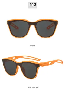 Front and 45-degree views of sports cycling sunglasses with orange and black frames