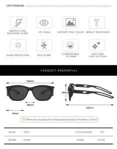Detailed size chart for Y2K punk sunglasses showing PC frame dimensions and UV400 specs