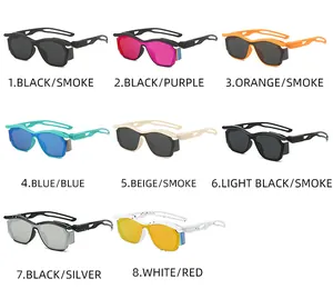 Detailed grid of Y2K futuristic punk sunglasses showing six color variants and side shields