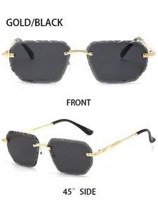 Detail of rimless polygon sunglasses with gold metal frame and black faceted lenses
