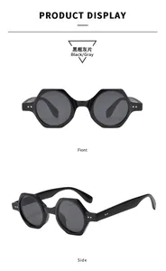 Vue avant et latérale de lunettes de soleil hexagonales noires avec verres gris