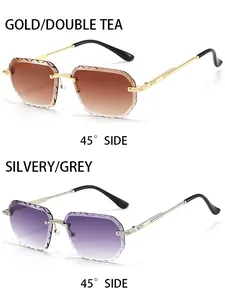 Detail of rimless polygon sunglasses with faceted gradient lenses and sleek metal temples