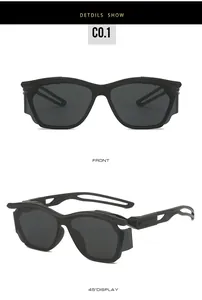 Detail view of Y2K cyberpunk sunglasses with sporty cutout frames and UV400 lenses