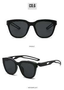 Front and angled views of vintage black wrap-around cycling sunglasses with dark lenses