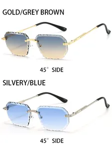 Close-up of frameless polygon sunglasses with diamond-cut gradient lenses and metal temples