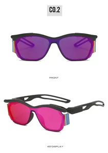 Detail view of Y2K futuristic punk sunglasses with matte black frame and iridescent lenses