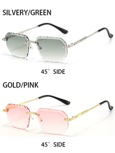 Close-up of rimless polygon sunglasses with diamond-cut lenses in pink and green