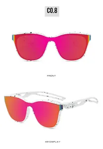 Front and 45-degree angle view of white splash pattern frame sports sunglasses with red lenses