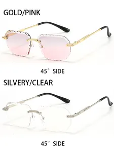 Detail of rimless polygon sunglasses with diamond-cut lenses in gold pink and silver clear