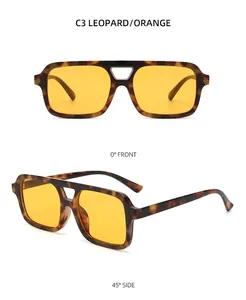 Detailed front and side views of double bridge leopard print sunglasses with orange lenses
