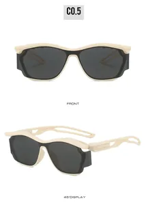 Front and 45-degree angle view of cream Y2K futuristic punk sunglasses with gray lenses