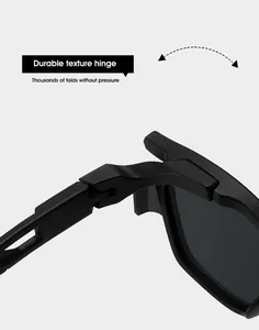 Detail of durable reinforced hinges on matte black oversized cycling sunglasses