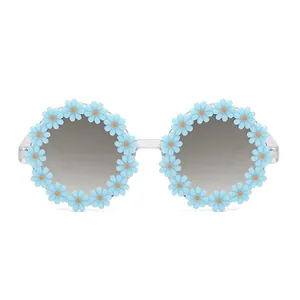 Cute round daisy flower frame sunglasses with blue petals and gradient grey lenses