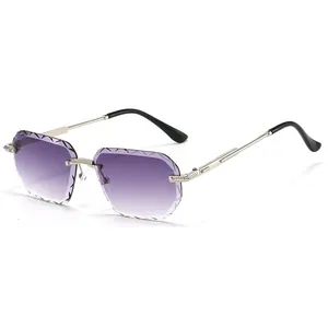 Polygonal rimless sunglasses with purple gradient diamond-cut lenses and silver metal frame