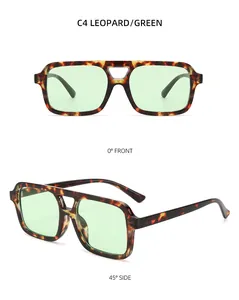 Detailed front and side views of leopard tortoise shell sunglasses with green lenses