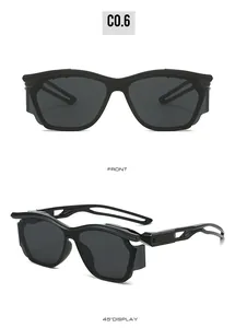 Front and 45-degree angle detail of Y2K punk sunglasses with geometric cutout temples