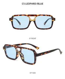 Detail view of leopard print pilot sunglasses with blue lenses from front and side angles