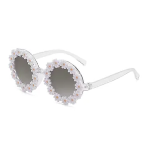 Daisy flower round frame sunglasses with transparent temples and dark lenses