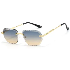 Chic rimless polygon sunglasses with diamond-cut gradient lenses and gold metal frames