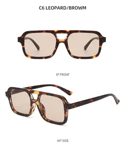 Detailed front and side views of leopard print double bridge square sunglasses with brown lenses