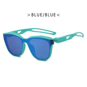Retro sport cycling sunglasses with blue frames and blue reflective lenses for outdoors