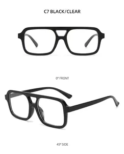 Close-up of black double-bridge sunglasses frame with front and side views