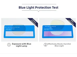 Blue light blocking test showing protective lens effect on a testing card detail