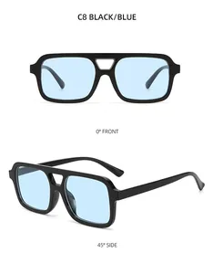 Dual-beam aviator sunglasses in black frame with light blue lenses from front and side views