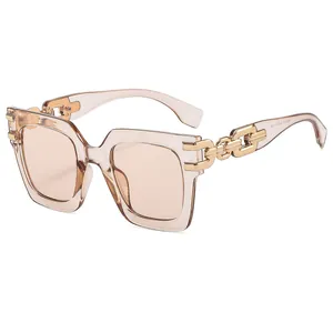 Champagne oversized square sunglasses with gold metal chain temples for women
