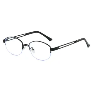 Retro schwarze Halbrand-Sonnenbrille mit hohlem Doppelsteg-Metallrahmen und Klarglas