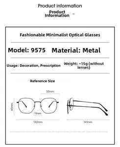 Detailed size chart for stylish polygon metal optical frames showing exact dimensions