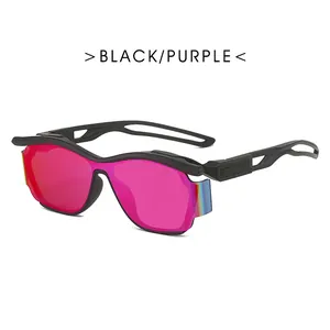 Y2K punk wraparound sunglasses with purple mirrored lenses and black cutout frames