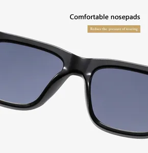 Detail of integrated comfortable nose pads on black square frame sunglasses