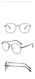 Three views of glossy black polygonal metal eyeglass frames from front and side angles