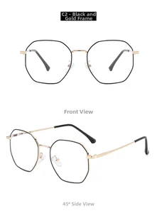 Detailed front and side view of minimalist black gold hexagonal metal glasses frame