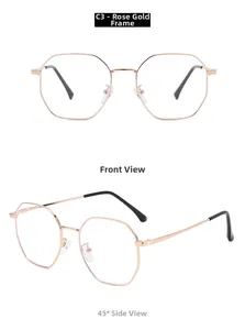 Detailed views of rose gold polygonal metal optical frames in front and 45-degree angles
