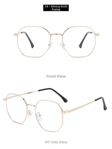Front and side view of bright gold polygonal metal optical frames with adjustable nose pads