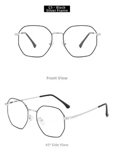 Front and 45-degree side views of silver and black polygonal metal glasses frames