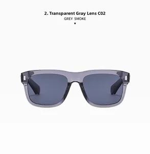 Detailed view of transparent grey sunglasses frame with smoke lenses and metal accents
