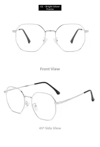 Front and 45-degree angle macro views of minimalist bright silver polygon metal eyewear frames