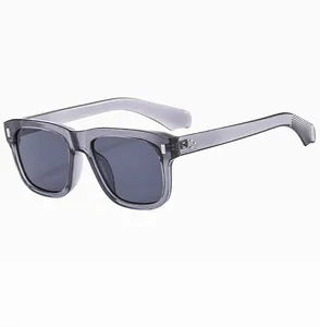 Detail view of translucent gray sunglasses with silver rivets and polished finish