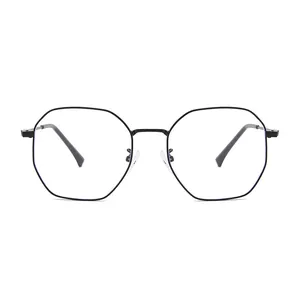 Minimalist polygon black metal spectacles frame with clear lenses for high fashion style
