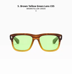 Detail view of square gradient brown and yellow sunglasses with green lenses, model C05