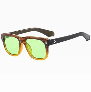 Detail of retro square sunglasses with wood grain frame and neon green lenses