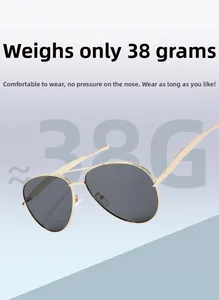 Lightweight 38g aviator sunglasses with golden metal frame and gray UV protection lenses