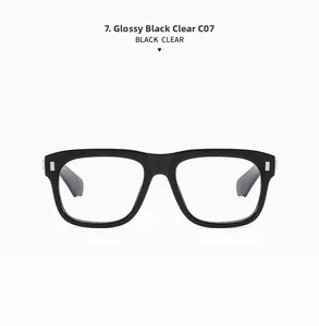 Detailed macro view of glossy black eyeglass frames with silver rivets and clear lenses