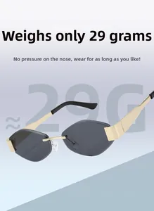 Detail of lightweight rimless sunglasses weighing 29g with gold metal temples and grey lenses