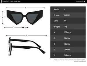 Detailed size chart for alloy cat eye sunglasses with frame and lens measurements