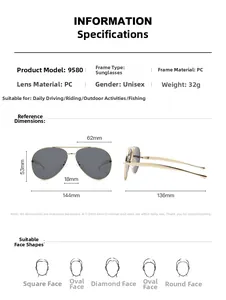 Detailed size specifications for gold metal aviator sunglasses with gray PC lenses