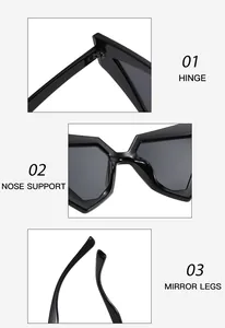 Detail view showing metal hinges, nose support and temple arms of cat-eye sunglasses